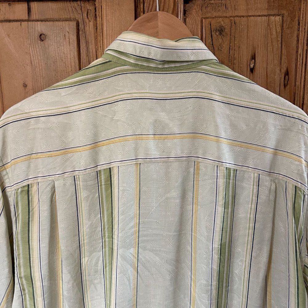 Tommy Bahama Large Silk Button Up Shirt Green Yellow Stripe Short Sleeve Collar - Picture 7 of 11